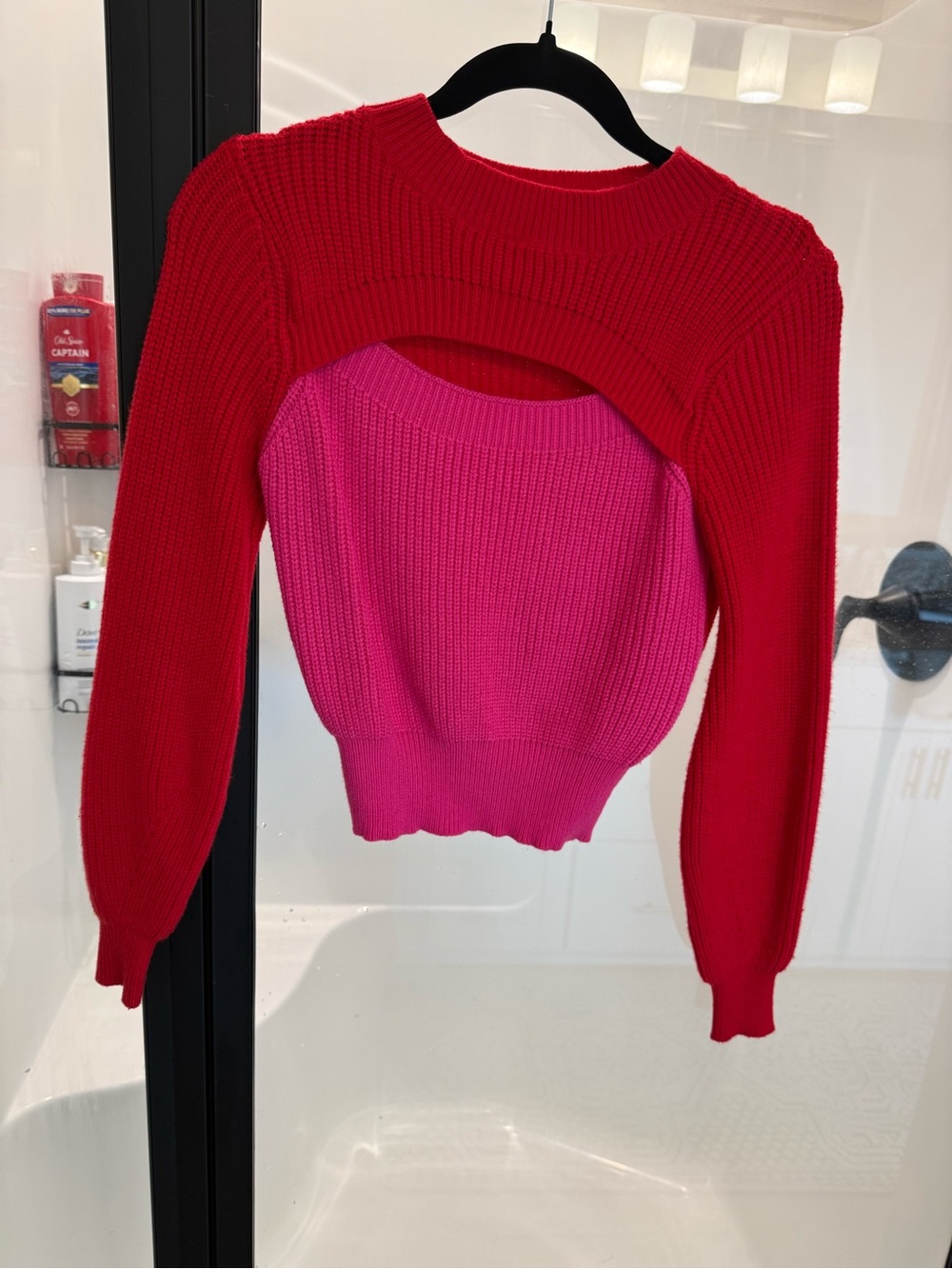 Two-Tone Cutout Knit Sweater - Red & Pink